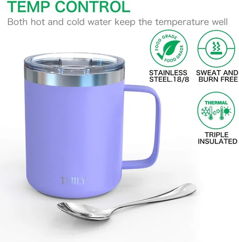 Miniatura 2 de THILY Taza de café aislada de acero inoxidable de 12 onzas, taza de viaje con triple aislamiento con asa y tapa a prueba de derrames, mantiene