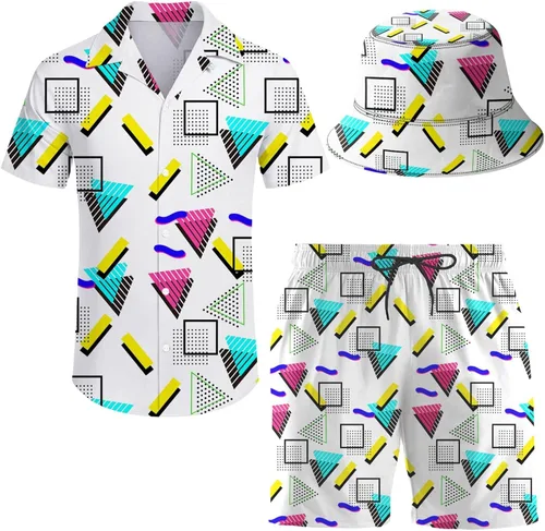 Miniatura 28 de Conjunto deportivo de 2 piezas para hombre, camisa hawaiana, pantalones cortos, camisa con botones y pantalones cortos con sombreros de pescador