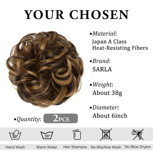 Miniatura 2 de SARLA 2 piezas de cabello desordenado de moño ondulado, rizado, sintético, recogido, extensión de cola de caballo para mujer, color marrón oscuro, 2