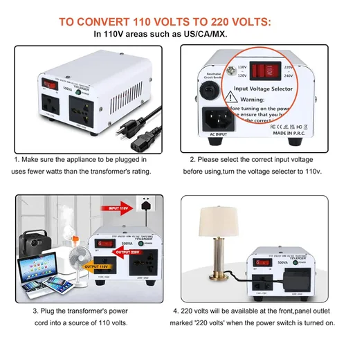 Miniatura 5 de Yinleader Blanco 500W 110V a 220V Convertidor de Voltaje Transformador Paso Arriba/Abajo 110-120V/220-240V con Cable de Energía de EE. UU