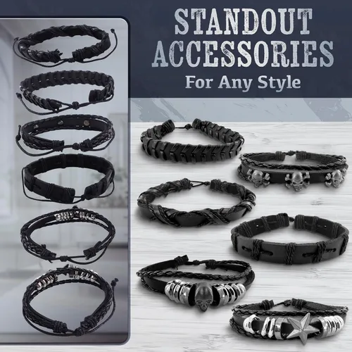 Miniatura 4 de 6 pulseras emo de cuero para hombres y mujeres, joyas góticas ajustables punk rock, diseños de estrellas de calavera, se adapta a muñecas de 7 a 11