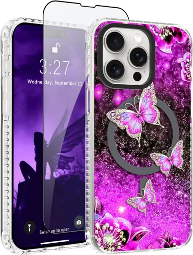 Miniatura 12 de OOK Funda Magnética para iPhone 15 Plus Diseño de Nebulosa Espacial de Flores Morado Profundo [Compatible con MagSafe] PC Duro + TPU Suave