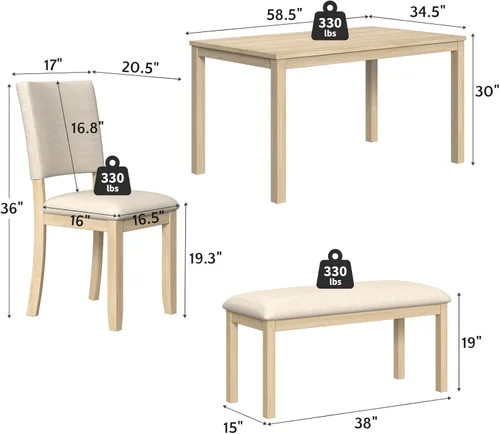 Miniatura 2 de Zevemomo Juego de mesa de comedor de madera maciza de 6 piezas, incluye 1 mesa de comedor, 4 sillas tapizadas y 1 banco, juego de mesa de comedor