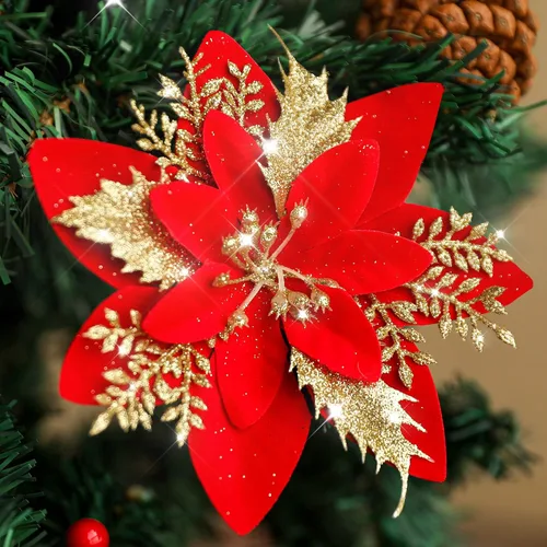 Kisflower 24 flores artificiales de flor de pascua, decoraciones de flores de Navidad de color rojo dorado con clips y tallos, adornos para árbol de