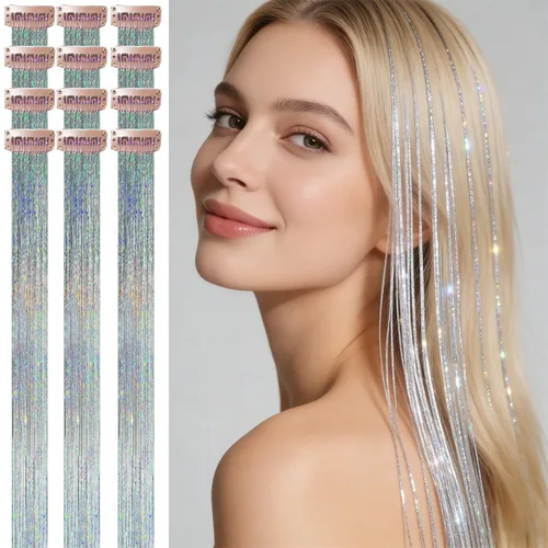 Miniatura 40 de Celinebella 6 extensiones de cabello con clip de mezcla de color rojo, plateado y azul, 6 unidades, resistentes al calor, para mujeres, 17-Azul