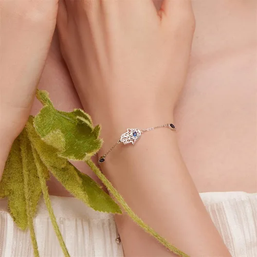 Miniatura 2 de BISAER Pulsera de mano de Fátima de mal de ojo azul real con dije de plata de ley 925 con cadena de circonita cúbica ajustable para mujer