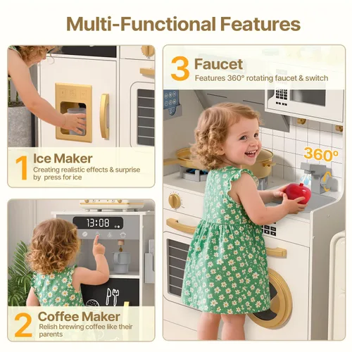 Miniatura 4 de BIERUM Play Kitchen - Juego de cocina para niños con luces y sonidos realistas, 28 piezas de accesorios de comida de juguete y utensilios de cocina