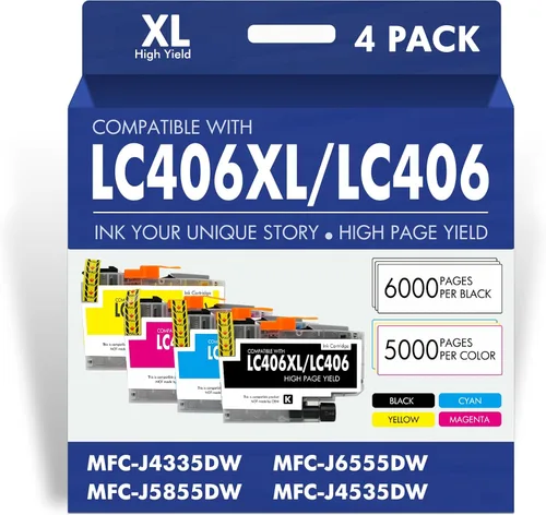 LC406 LC406XL - Cartuchos de tinta para impresora Brother LC406 MFC-J4335DW MFC-J5855DW MFC-J6555DW MFC-J4535DW MFC-J6955DW (paquete de 4 unidades,