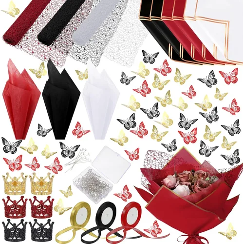 Miniatura 8 de Qilery Juego de 334 piezas de papel de regalo de flores, 153 papel de regalo de ramo floral impermeable, 72 decoraciones de mariposas doradas 3D