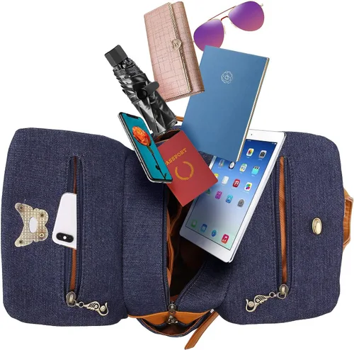 Miniatura 6 de Denim bordado floral lona mochilas para mujeres antirrobo retro jeans viaje estilo étnico bolso de hombro, MochilaBolso, Unitalla, Jean Azul Marino