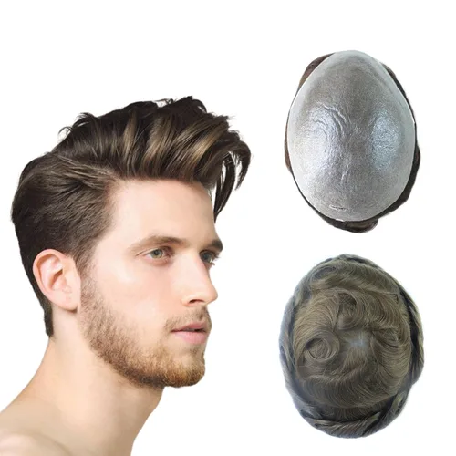 Miniatura 12 de Super Natural Mens Hair Piece 100 Cabello humano indetectable Mens Toupee Hair Systems Ultra Thin Skin V Looped Hair #10R WXL=8X10