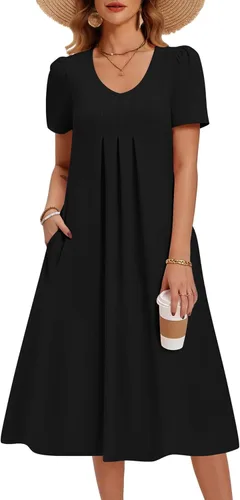 Zeagoo Vestido de verano para mujer, casual, floral, midi, con bolsillos, cuello en V, plisado, manga corta, estilo alineado, para vacaciones en la