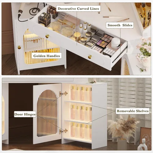 Miniatura 7 de Escritorio esquinero con espejo de 3 vías y luces LED, juego de mesa de maquillaje con estación de carga, cajones de almacenamiento y armarios