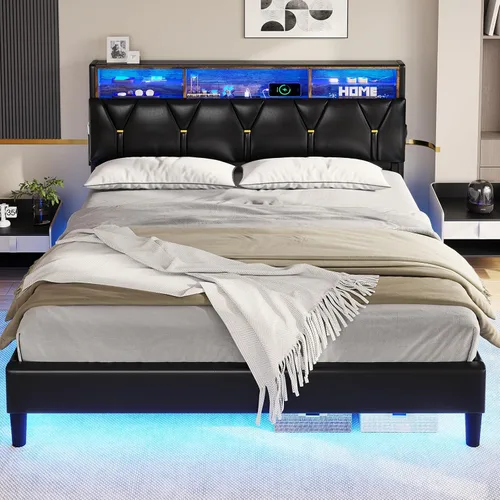 Miniatura 6 de BTHFST Marco de cama tamaño completo con luces LED y estación de carga, marco de cama LED tamaño completo con almacenamiento de cabecero, cama