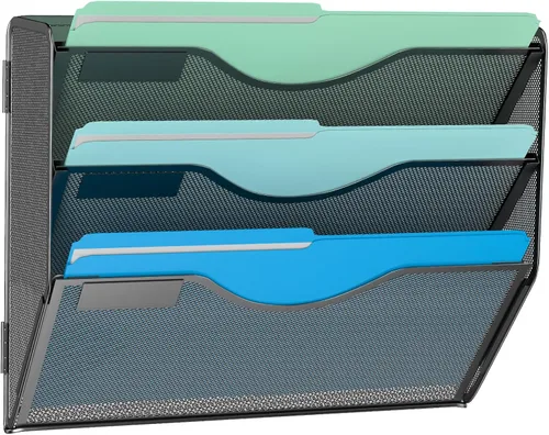 Miniatura 8 de Gawerk Organizador de archivos colgante de 6 niveles, soporte de malla para archivos de pared, estante para carpetas de papel con bandeja plana Negro