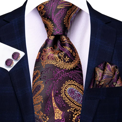 Miniatura 64 de Hi-Tie Corbatas de seda para hombre, diseño de cachemira a rayas, con bolsillo, gemelos cuadrados, conjunto formal de negocios