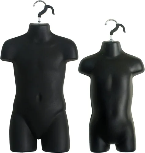 Miniatura 9 de 4 formas de maniquí negro con soportes de metal - Juego de maniquíes colgantes de torso largo para hombre, mujer, niño y bebé con cadera