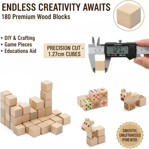 Miniatura 3 de Bloques de madera para manualidades, cubos de madera sin terminar, bloques de madera natural de 1/2 pulgada, paquete de 180 bloques cuadrados
