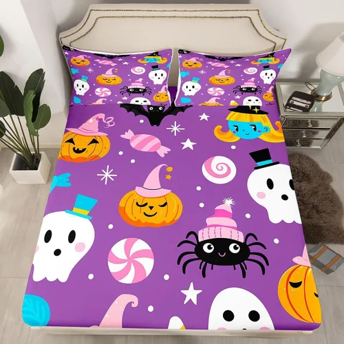 Miniatura 17 de Juego de ropa de cama de Halloween con patrón de sombras kawaii, sábana bajera tamaño queen, decoraciones de calabaza, luces de calabaza góticas