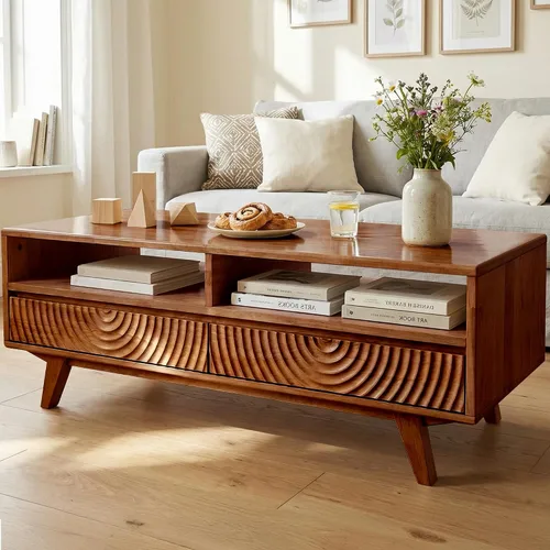 Miniatura 10 de Acacia Harmony - Mesa de centro de madera maciza de goma con cajones y almacenamiento abierto, 47.2 pulgadas de largo, mesas de centro perfectas