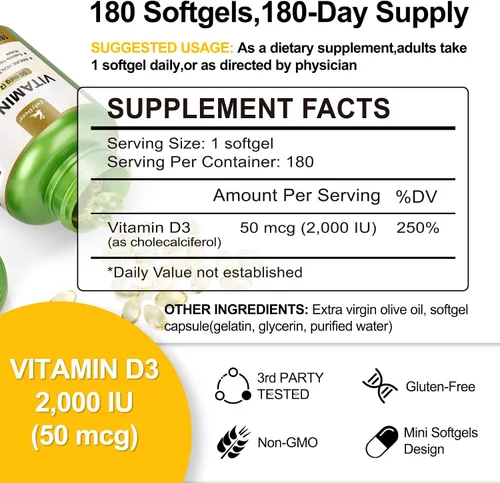 Miniatura 2 de JulyDeer Vitamina D3 2000 UI (50 mcg) 180 cápsulas blandas Apoya la salud inmunológica, la absorción de calcio y la fuerza ósea Esencial