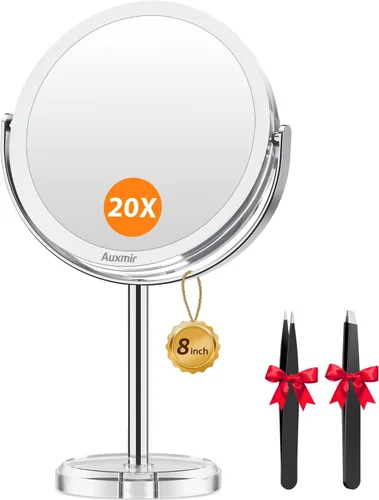 Auxmir Espejo de aumento 1X/20X, espejo de maquillaje de doble cara con soporte, espejo de mesa de tocador con pinzas, rotación de 360° portátil