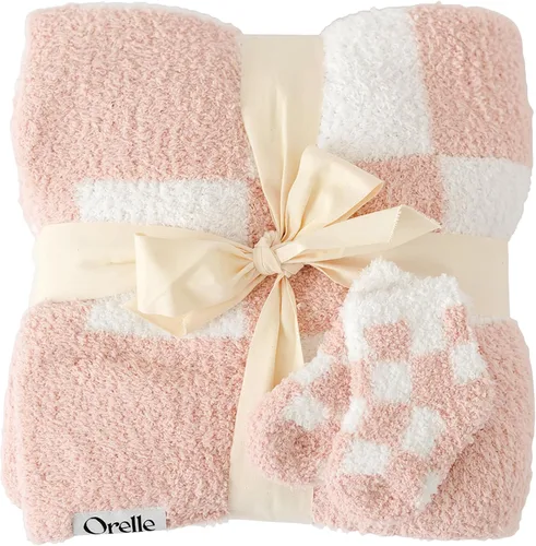 Miniatura 11 de Orelle Manta de bebé a cuadros y juego de calcetines a juego Manta de bebé de felpa Manta de recepción de lujo ultrasuave y acogedora Regalo