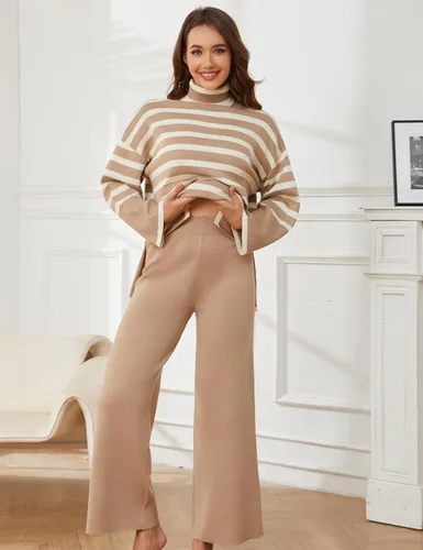 Miniatura 3 de Tanming Conjuntos de suéter para mujer, manga larga, a rayas, informal, de punto, pantalones de pierna ancha