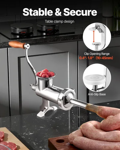 Miniatura 2 de VEVOR Picadora manual de carne de acero inoxidable, abrazadera de 1.8 pulgadas, 2 placas de molienda, relleno de salchichas, ideal para el hogar