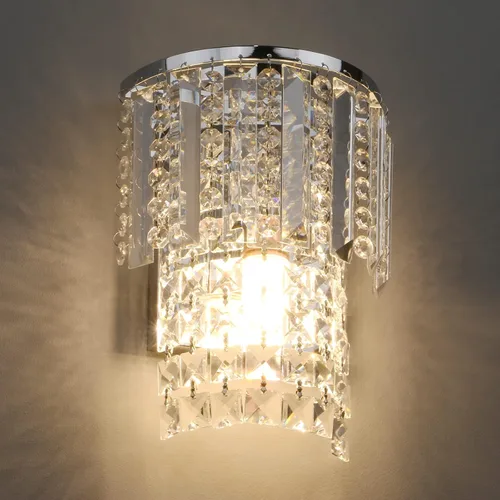 Miniatura 8 de Pathson Aplique de pared moderno de cristal K9 con cableado, acabado cromado, lámpara de pared con gotas de cristal acrílico para dormitorio y sala