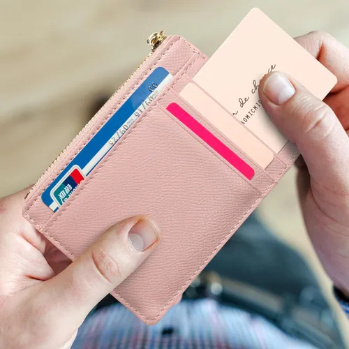 Miniatura 37 de Tarjetero delgado con bloqueo RFID, billetera de bolsillo pequeño, con cremallera Keychian para monedero, monedero y tarjetero para mujeres y hombres