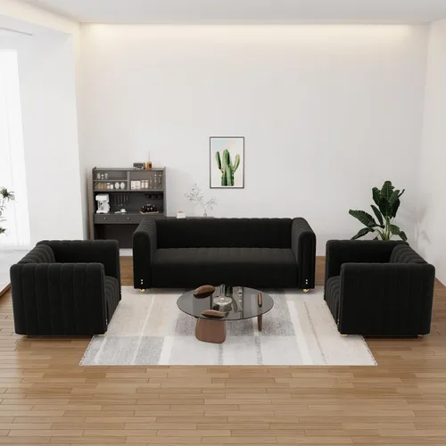 Miniatura 10 de Sofá capitonado Chesterfield de terciopelo tapizado de 81 pulgadas de ancho, 3 plazas, cómodo sofá para sala de estar, dormitorio, oficina, Negro