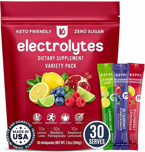 Keppi Paquetes de electrolitos en polvo de sabores surtidos, 30 porciones, suplemento de hidratación sin azúcar con potasio, magnesio, sodio, keto,