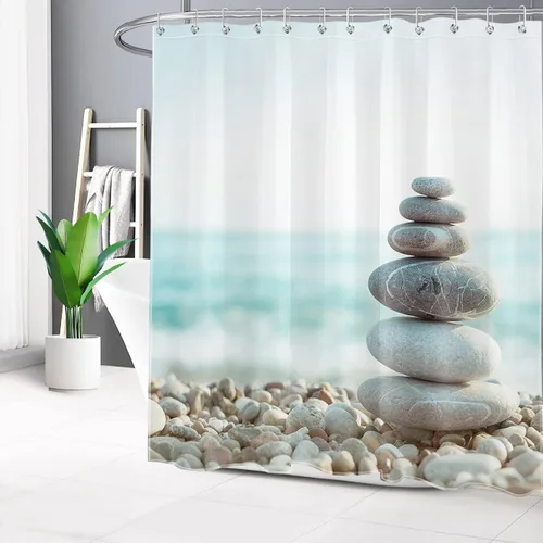 Miniatura 15 de LB Cortina de ducha asiática de piedra zen, cortina de ducha japonesa para baño, cortinas de baño de tela negra de 48 x 72 pulgadas con ganchos