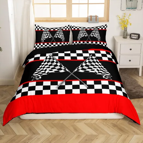 Miniatura 24 de Feelyou Race Car Duvet Cover Twin Size Boys Girls Speed Sports Car Bedding Set Breathable Soft Racing Comforter Cover 2Pcs Black White Checked
