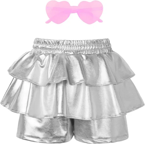 Pantalones cortos metálicos plisados para niñas, con volantes brillantes, para patinadora, danza, cintura elástica, pantalones con gafas de sol para