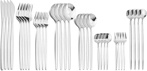 Miniatura 12 de JASHII Juego de cubiertos de 32 piezas con tenedor para tartas, mango largo, cubiertos de acero inoxidable para 4 juegos de vajilla de comer, aptos
