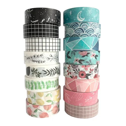 Juego de cinta washi de 16 rollos de 15 mm de ancho, cinta washi decorativa linda para diario, álbum de recortes, manualidades, diarios tipo