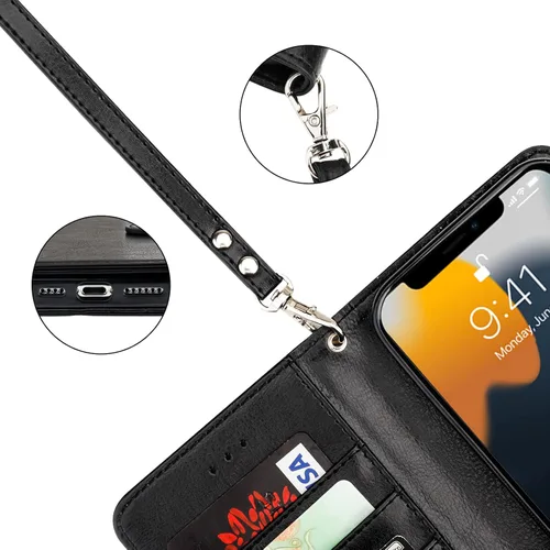 Miniatura 9 de Bocasal Funda tipo cartera desmontable para iPhone 13 Pro Max con bloqueo RFID, ranuras para tarjetas, soporte de cuero PU premium, soporte Negro