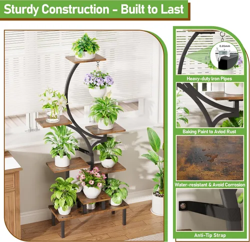 Miniatura 8 de Soporte para plantas de interior con luces de crecimiento, estante para plantas de interior de 7 niveles con base elevada y gancho para colgar