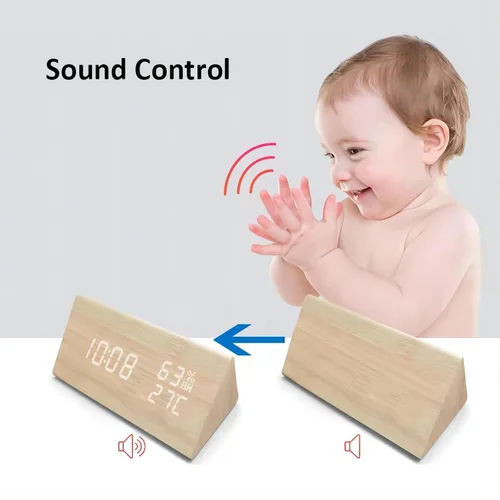 Miniatura 3 de Reloj despertador digital, LED electrónico de madera, pantalla de fecha de hora, detección de temperatura y humedad, 3 ajustes de alarma, brillo