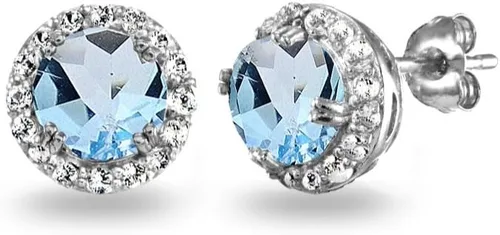 Sterling Silver Genuine, Created or Simulated Gemstone Round Halo Stud Earrings for Women Girls