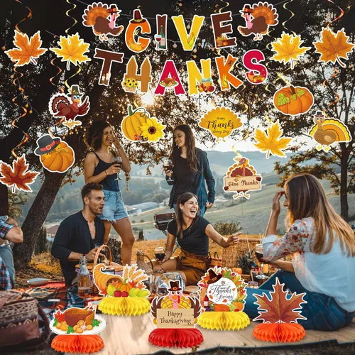 Miniatura 5 de Blosssound 29 piezas de decoraciones de fiesta de Acción de Gracias – Centros de mesa de nido de abeja de hoja de arce de pavo y calabaza, pancartas