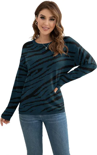 Miniatura 3 de VIISHOW - Suéteres de punto con manga larga cuello redondo y estampado para mujer, Azul Leopard, XXL