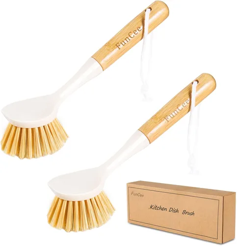 Miniatura 7 de Paquete de 2 cepillos para platos con mango de bambú, raspador integrado para platos, cepillo para sartenes, ollas, limpieza de mostrador