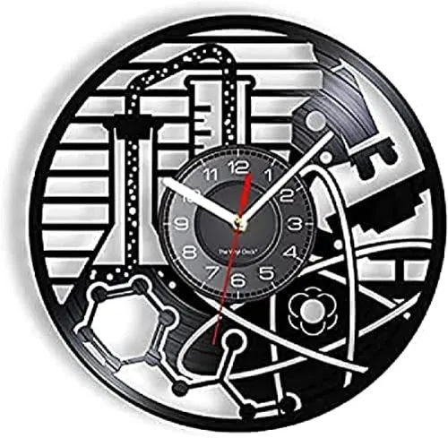 Reloj de pared Física Prueba de reacción química Vinilo CD Disco de pared Reloj de pared Bioquímica Ciencia Obra de arte Decorativo Silencioso Reloj