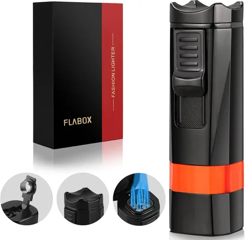 Encendedor de antorcha de cuatro chorros, punzón y soporte, resistente al viento, multifuncional, recargable, encendedor de butano, caja de regalo