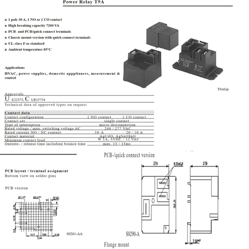 Miniatura 5 de T9AS1D22-12 30A 4Pins Relé de montaje en PCB de alta capacidad de rotura para HVAC, fuentes de alimentación y electrodomésticos