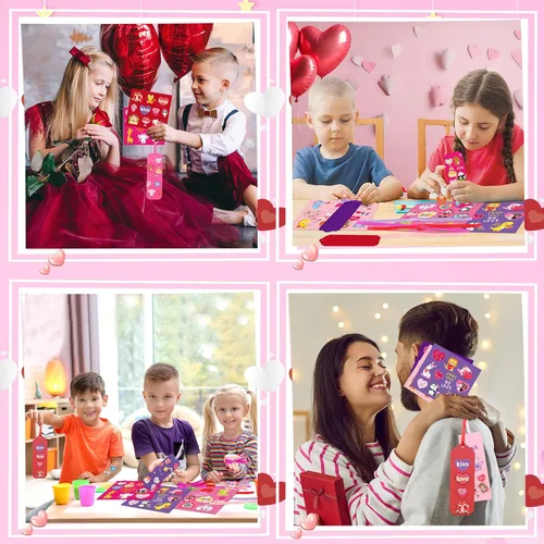 Miniatura 7 de JUNEBRUSHS Paquete de 30 manualidades de San Valentín para niños, marcapáginas del día de San Valentín, kits de manualidades con corazones surtidos