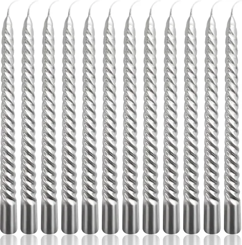 Miniatura 16 de Juego de velas cónicas en espiral de color blanco metálico de 10 pulgadas para decoración navideña, paquete de 12 velas trenzadas sin perfume, velas